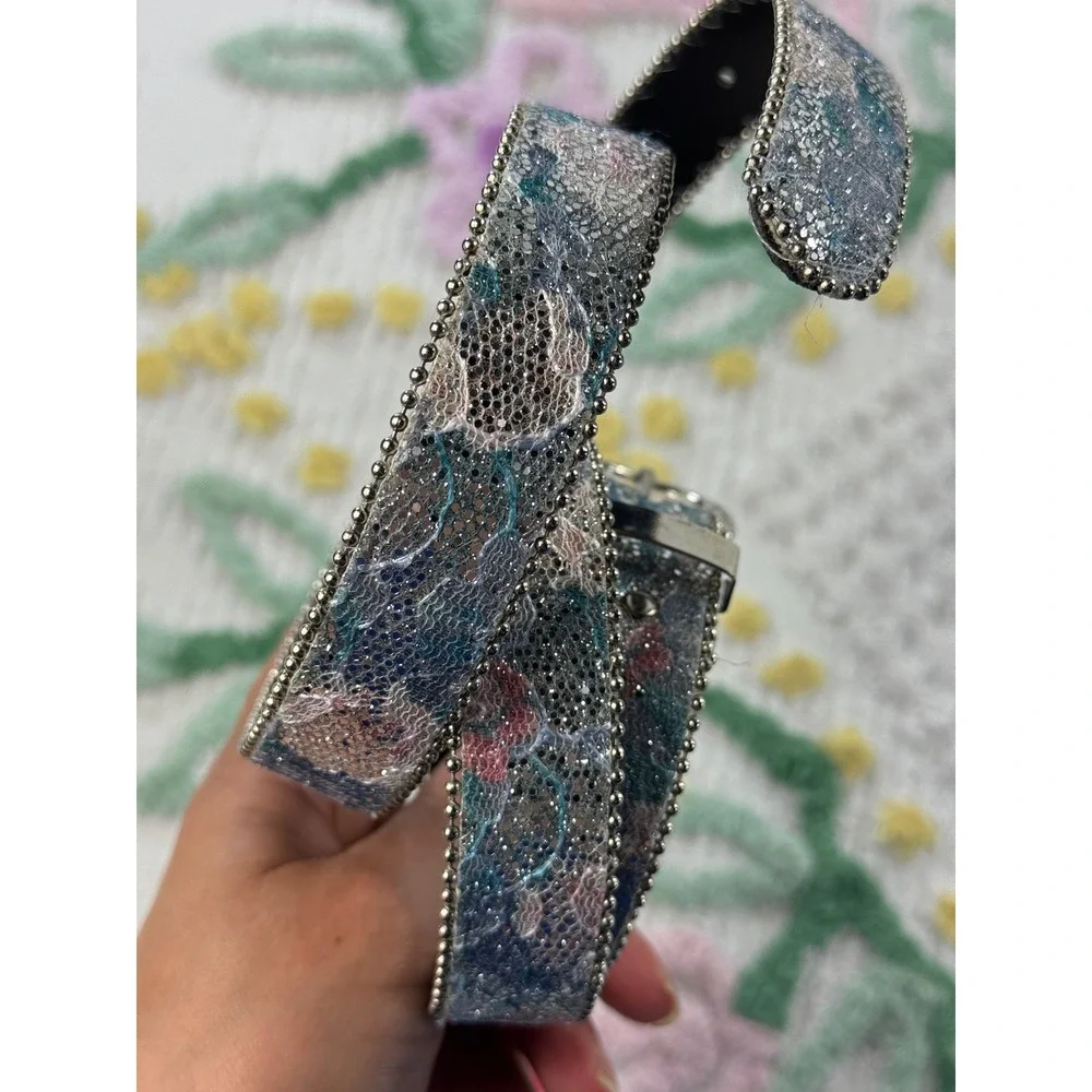 Floral Lace Glitter Belt with Ball Chain Trim Silver Buckle Pastel Y2K XL